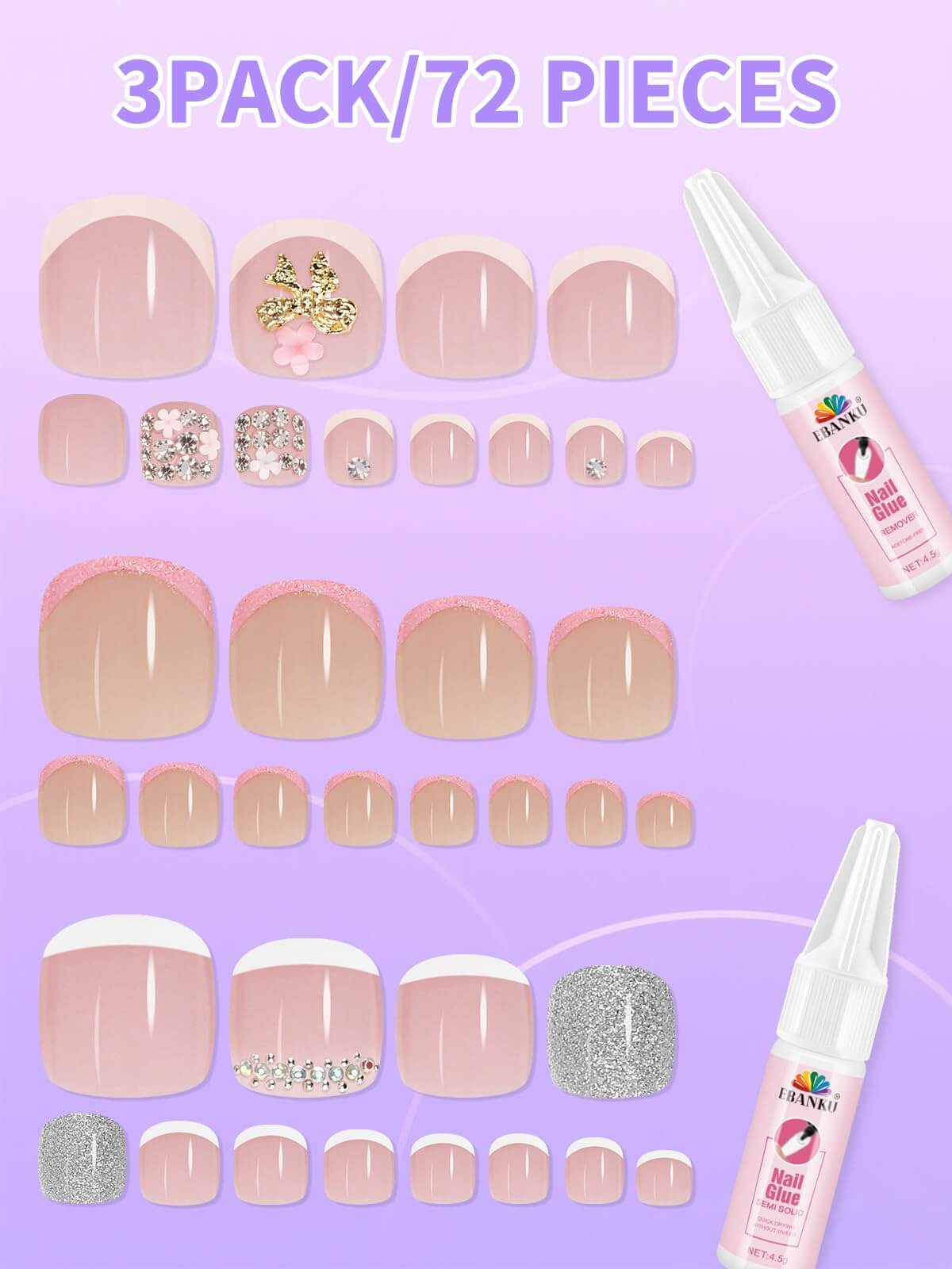 EBANKU Press On Toenails 72PCS French Tip Set with Nail Glue