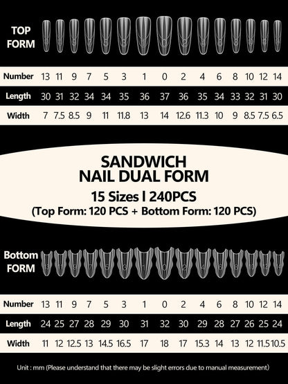 EBANKU 240PCS Sandwich Dual Nail Forms 15 Sizes Oval Nails
