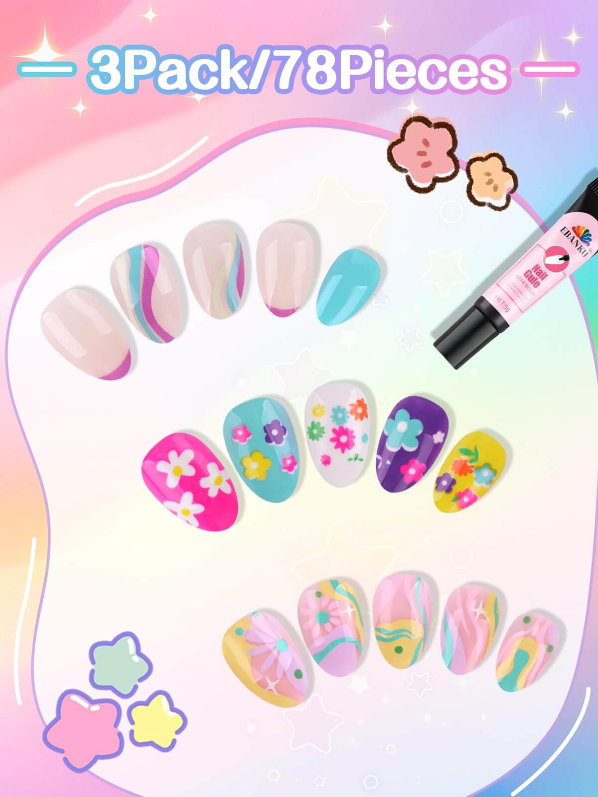 EBANKU Kids Press On Nails 78PCS Almond Fake Nail Kit with Glue