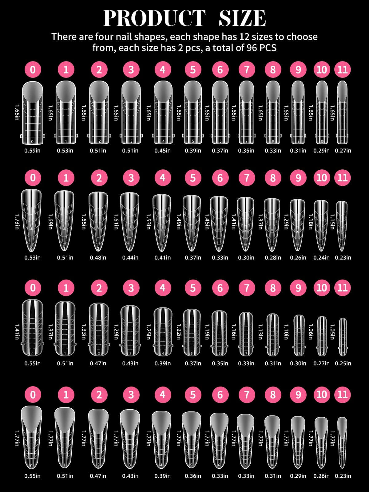 EBANKU 96PCS Clear Matte Poly Gel Nail Forms 4 Styles 12 Sizes