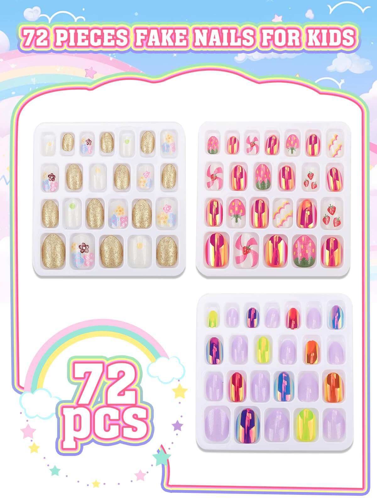 EBANKU 72Pcs Kids Press On Nails Gold Strawberry Set