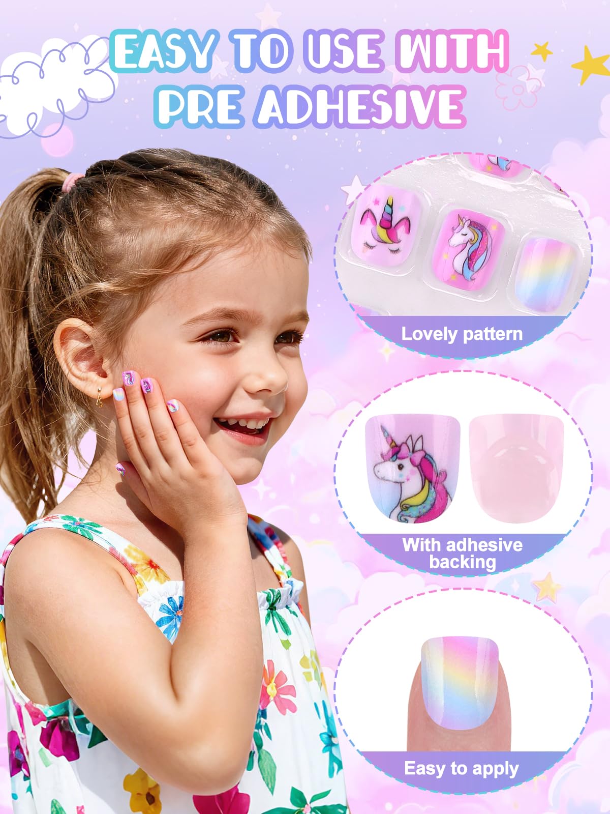 EBANKU 144PCS Mini Kids Press On Nails 6 Pack Pink Nail Kit