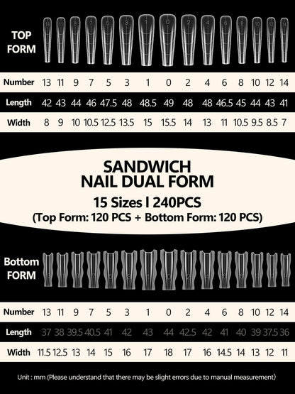 EBANKU 240PCS Sandwich Dual Nail Forms 15 Sizes Coffin Nails
