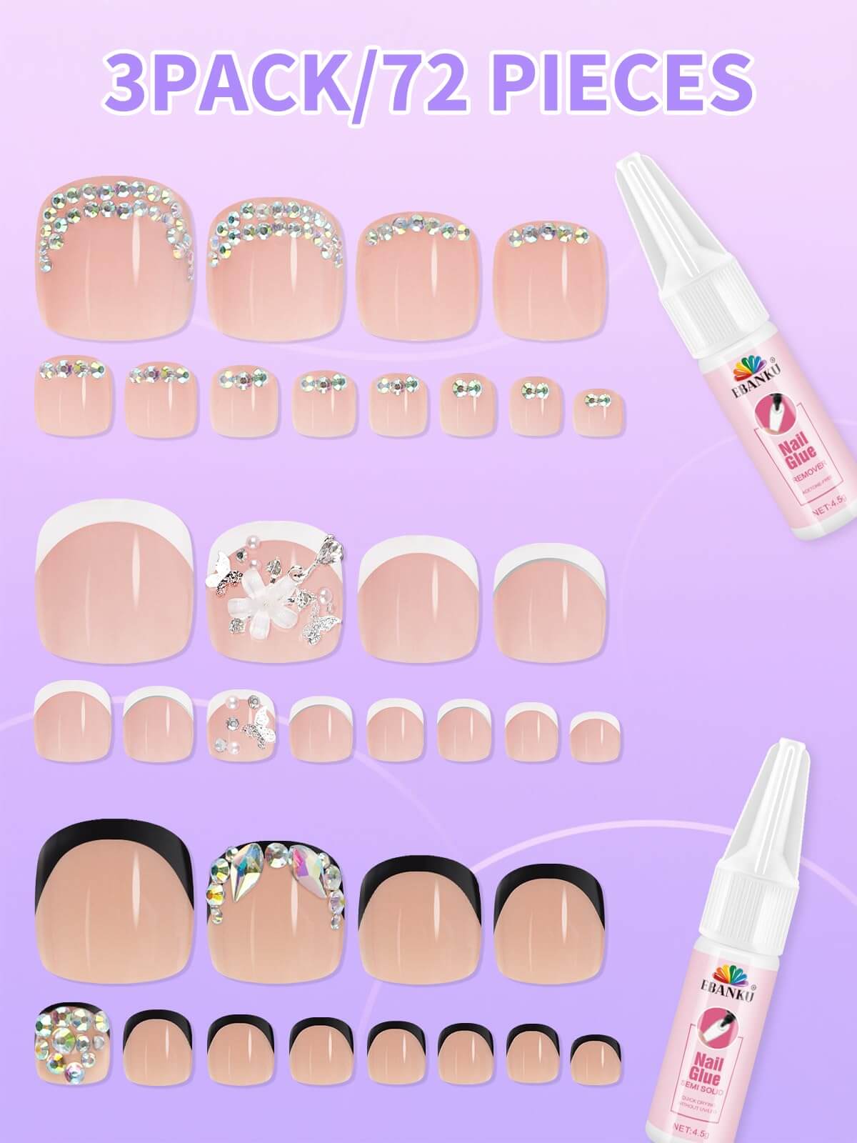 EBANKU Rhinestone French Tip Press On Toenails 72PCS Nude Pink