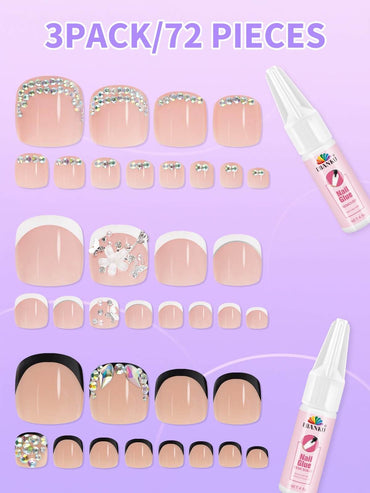 EBANKU Rhinestone French Tip Press On Toenails 72PCS Nude Pink