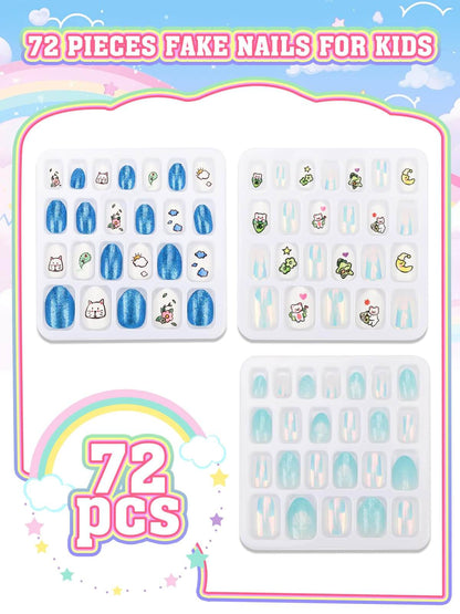 EBANKU 72Pcs Kids Press On Nails 3 Pack Full Cover Set