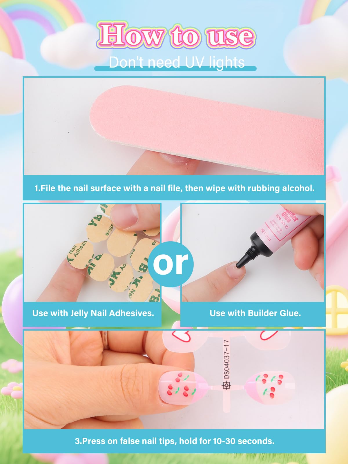 EBANKU 24PCS Kids Press On Nails Cherries Fake Nail Kit for Girls