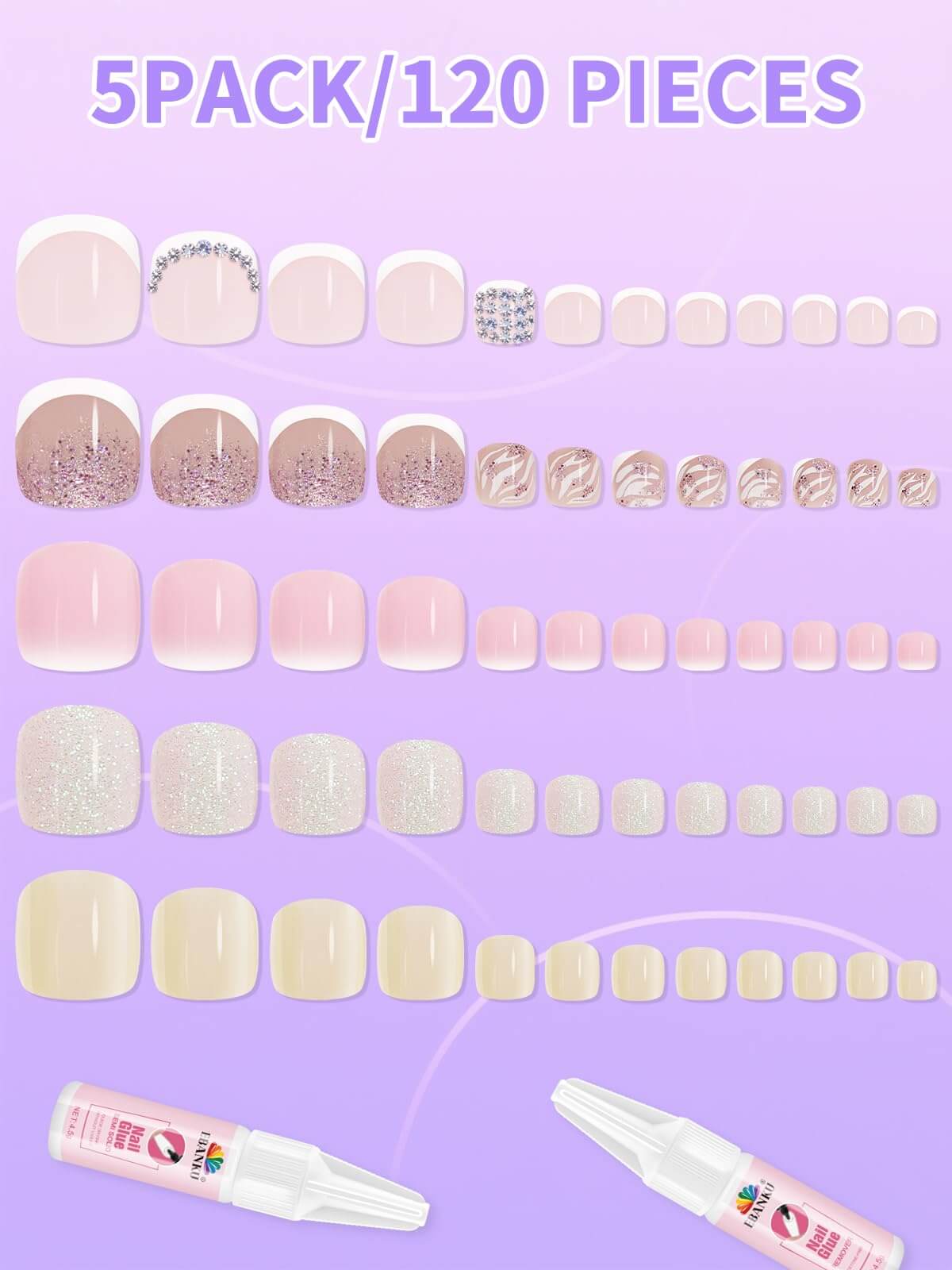 EBANKU French Tip Press On Toenails 120PCS Square Short Tips
