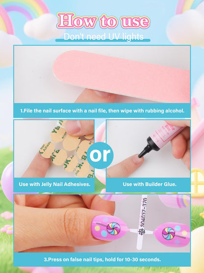 EBANKU 24PCS Almond Kids Press On Nails Candy Nail Kit for Girls