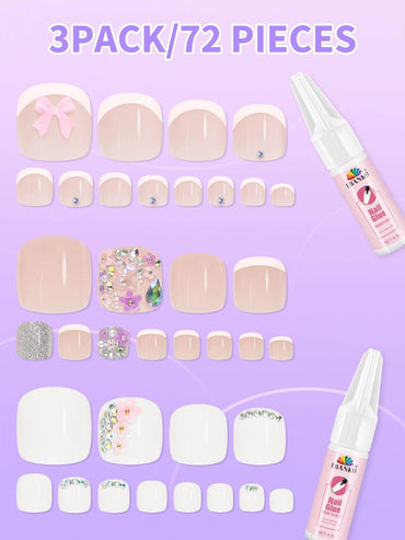 EBANKU Floral French Tip Press On Toenails 72PCS w/Glue