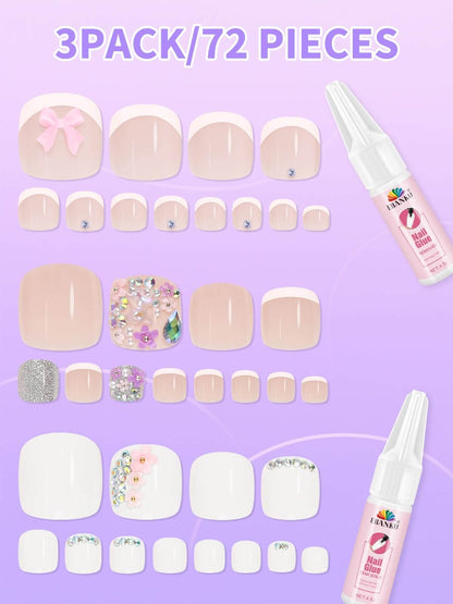EBANKU Floral French Tip Press On Toenails 72PCS w/Glue