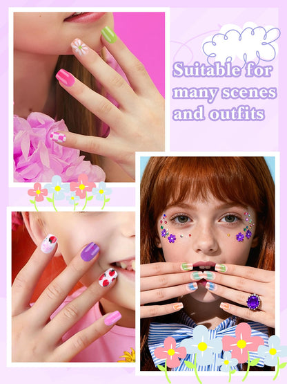 EBANKU 130PCS Kids Press On Nails 5 Pack French Flower Kit