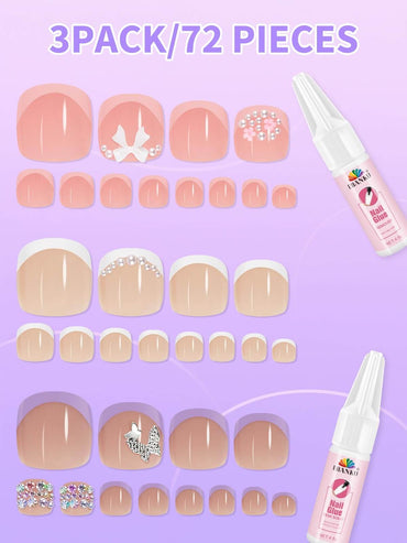 EBANKU French Tip Press On Toenails 72PCS Short Square Tips