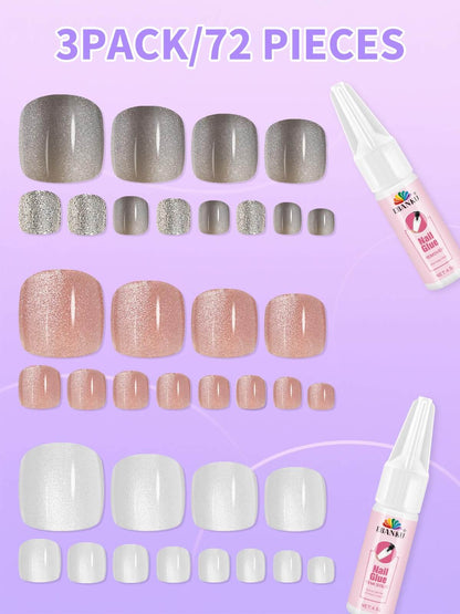 EBANKU Cat Eye Press On Toenails 72PCS Grey Pink with Glue