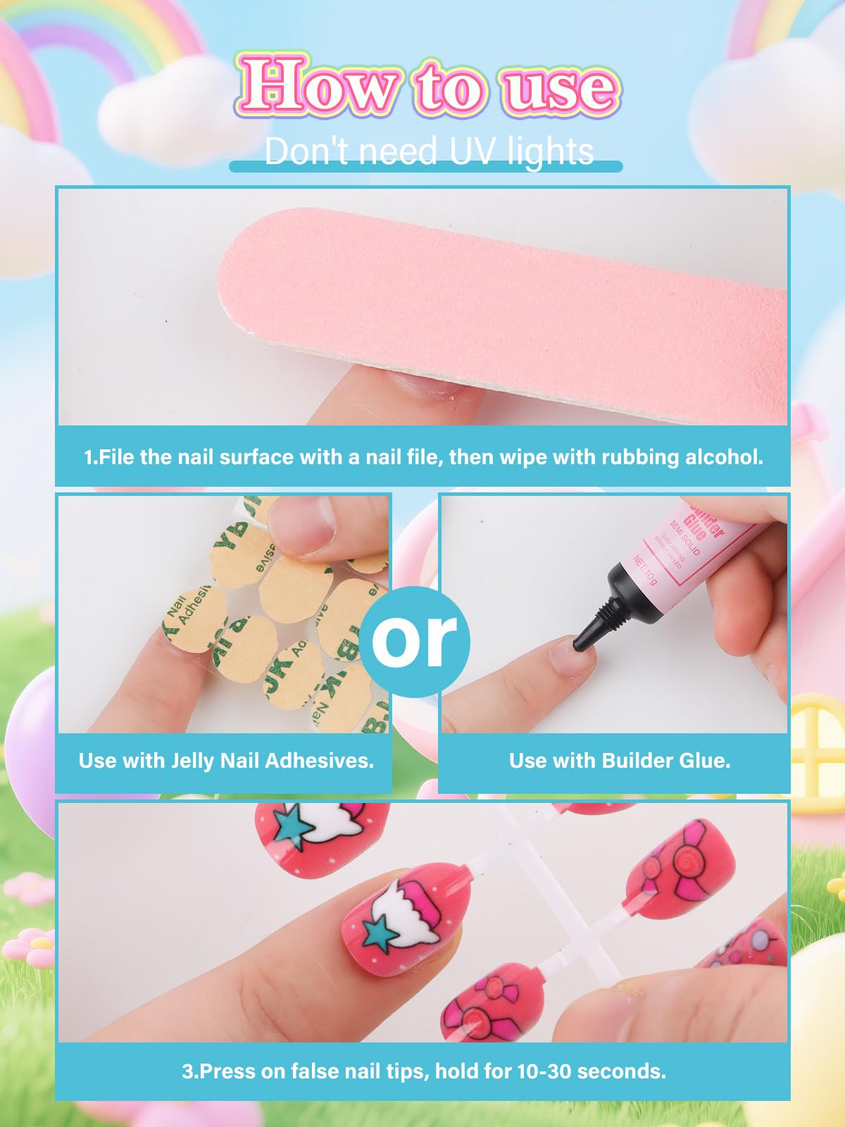 EBANKU 24PCS Kids Press On Nails Candy Nail Kit with Glue
