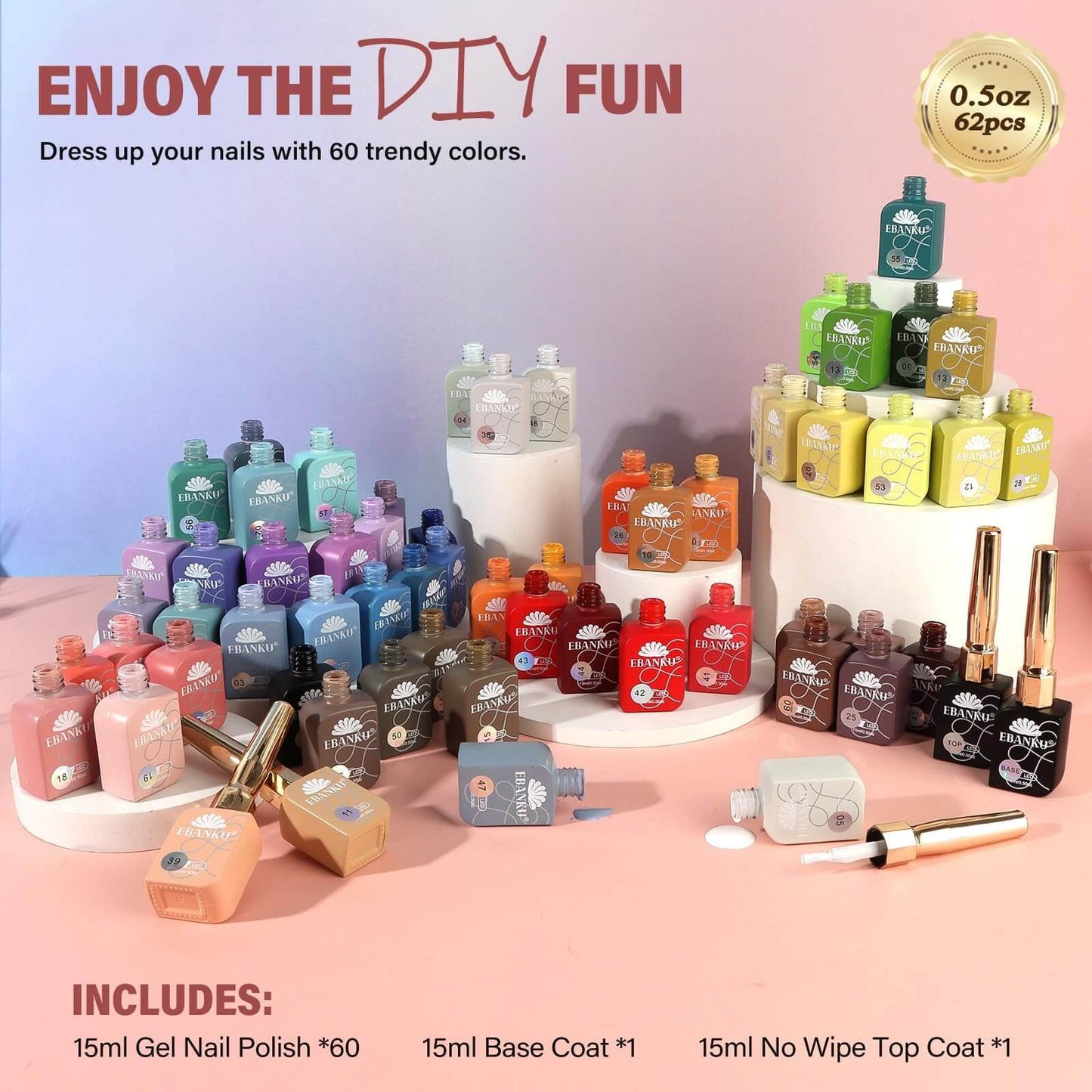 EBANKU 60 Colors Gel Nail Polish Set Same Color Bottle 15ML Kit