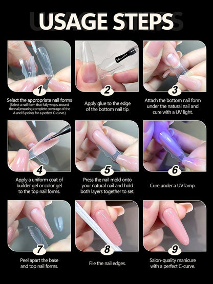 EBANKU 240PCS Sandwich Dual Nail Forms 15 Sizes Oval Nails