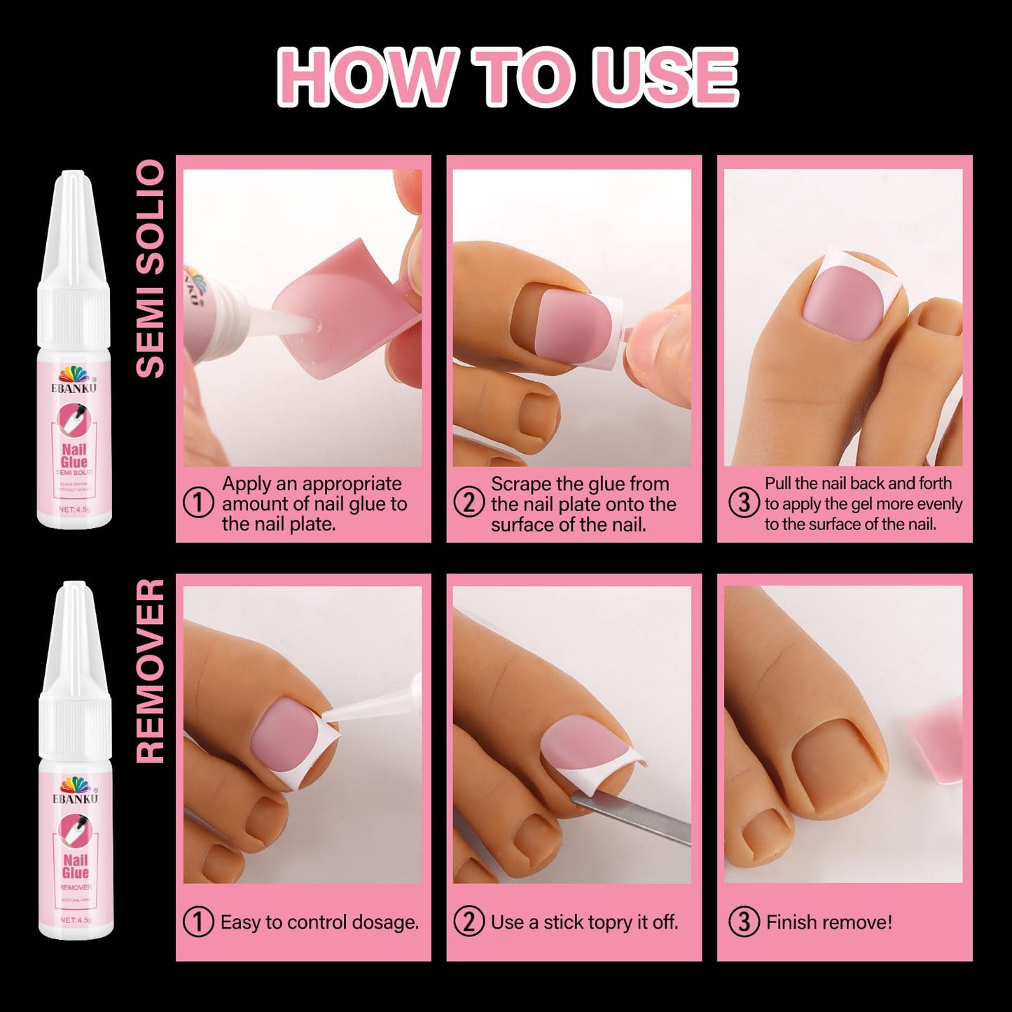 EBANKU 150PCS Square French Press On Toenails with 2 Nail Glues