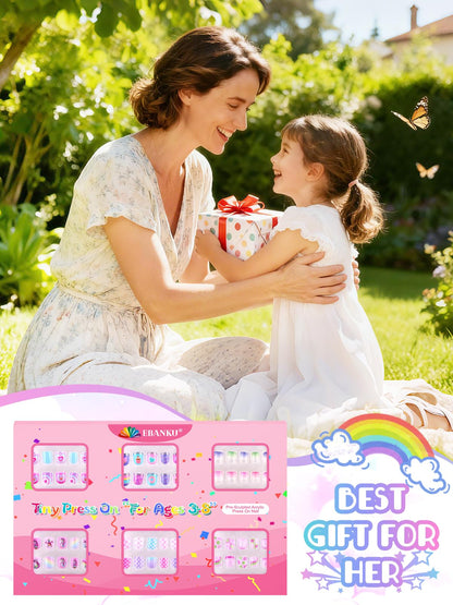 EBANKU 144PCS Mini Kids Press On Nails 6 Pack Pink Nail Kit