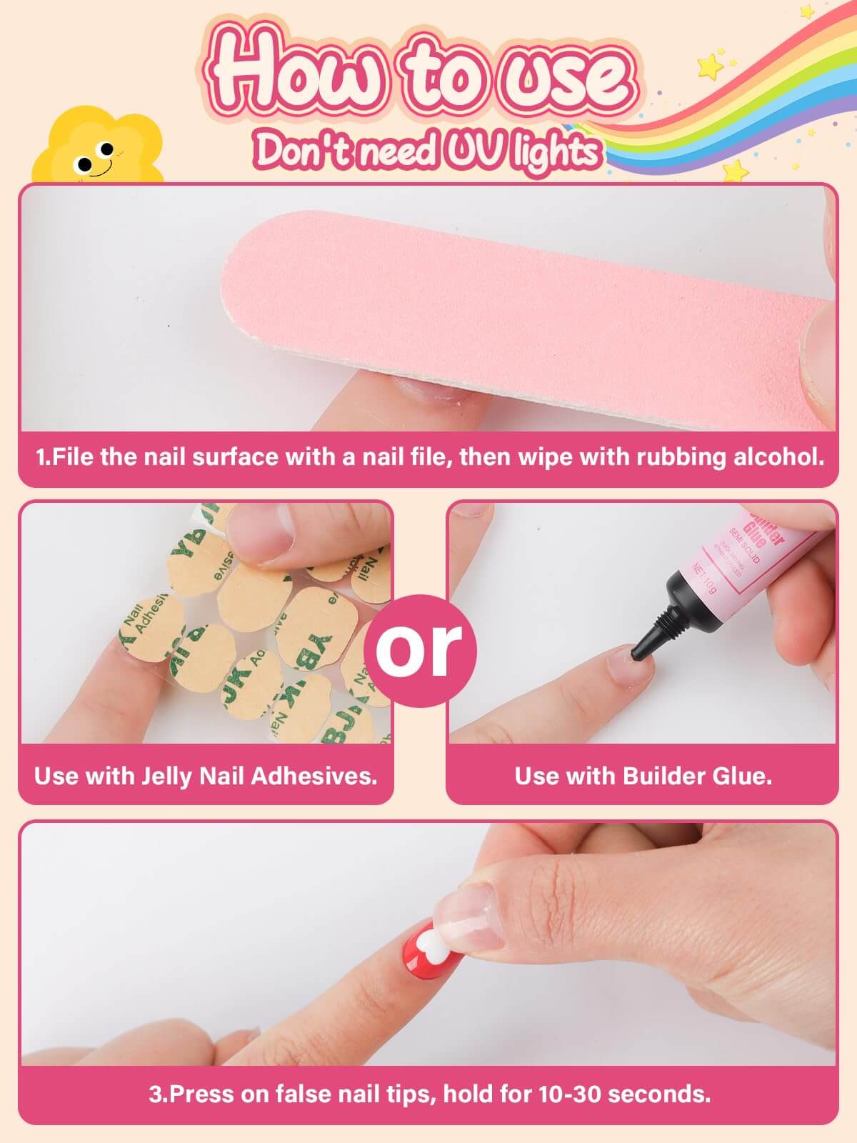 EBANKU Kids Press On Nails 26Pcs Pink Heart Grid Set
