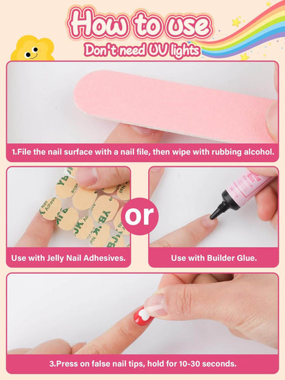 EBANKU Kids Press On Nails 26Pcs Pink Heart Grid Set