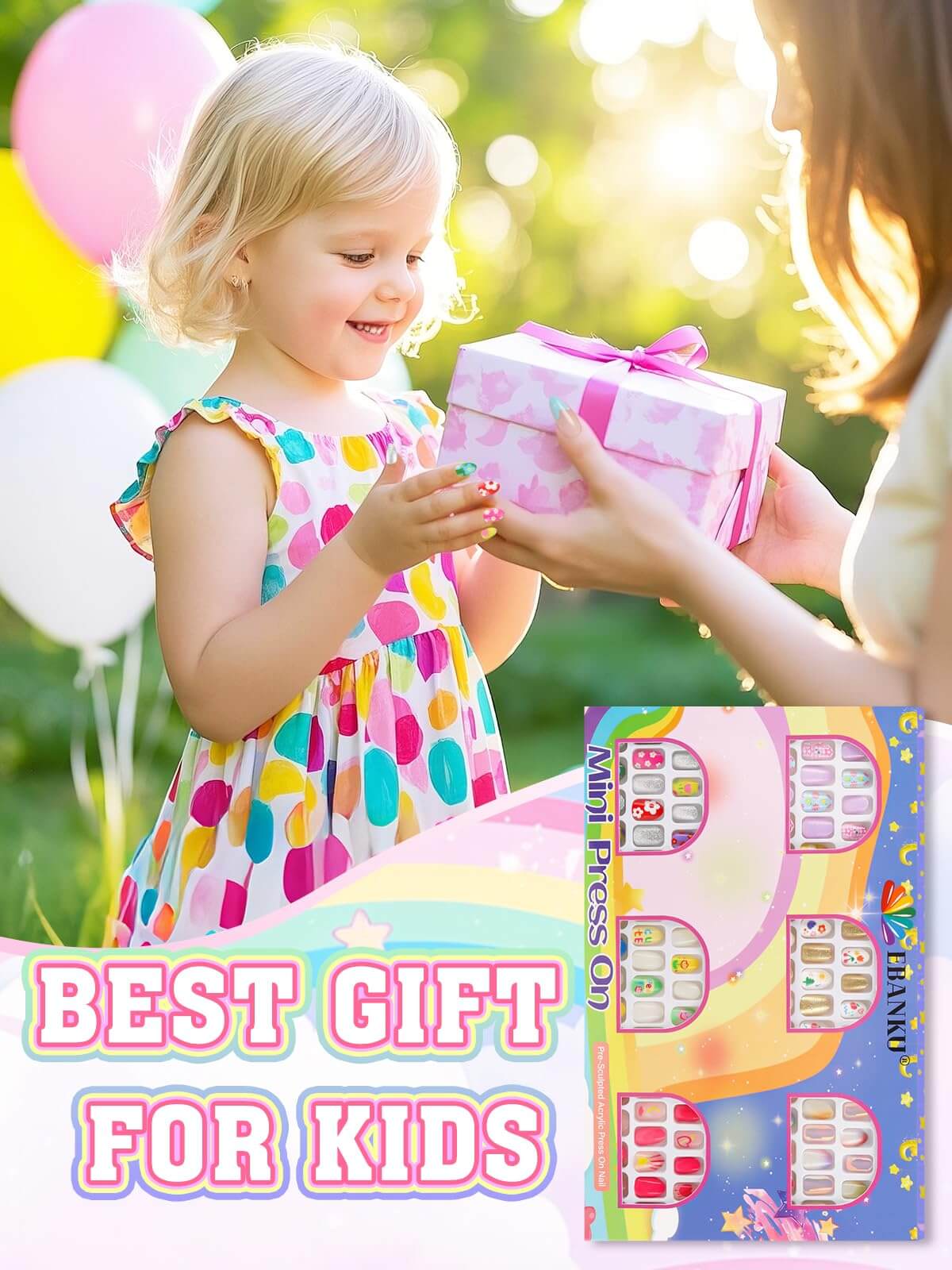 EBANKU 144Pcs Kids Press On Nails Pink Gold Flower Set