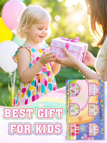 EBANKU 144Pcs Kids Press On Nails Pink Gold Flower Set