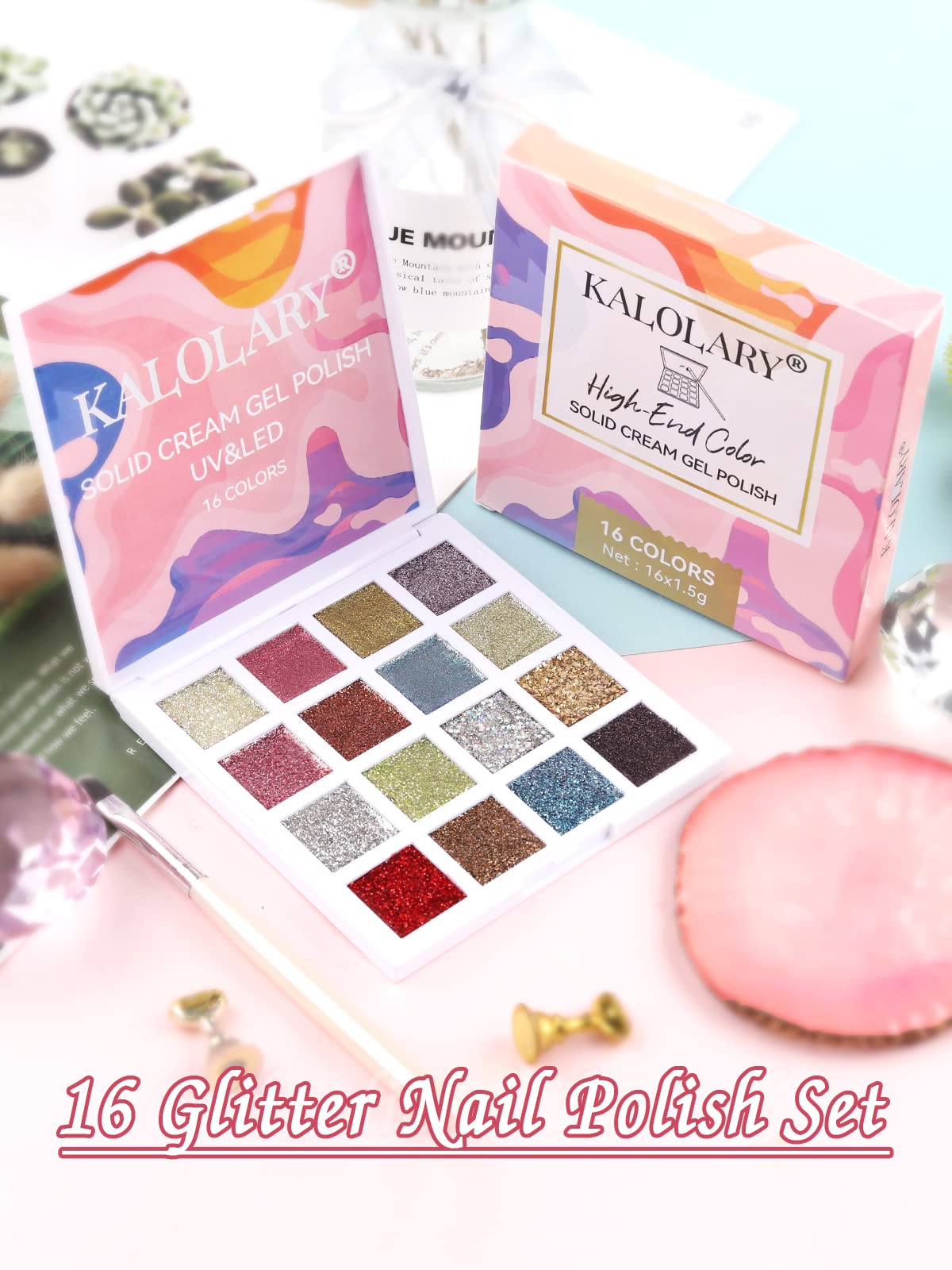 Kalolary 16 Color Glitter Solid Gel Polish Palette