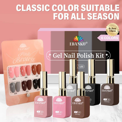 EBANKU 6Pcs Pink Nude Brown Gel Nail Polish Set 15ML Fall Colors